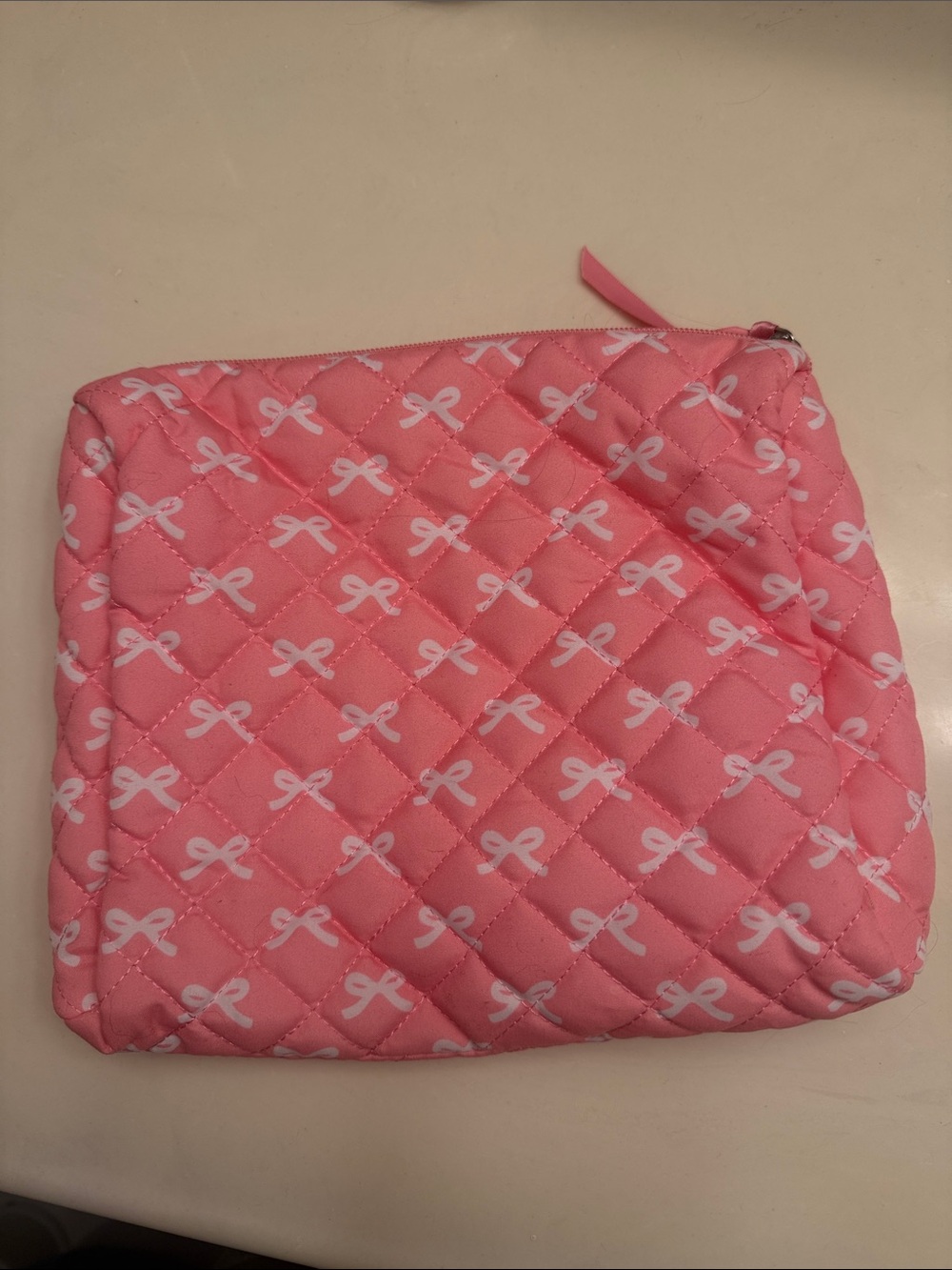 Pink Quilted Bow Print Makeup Pouch